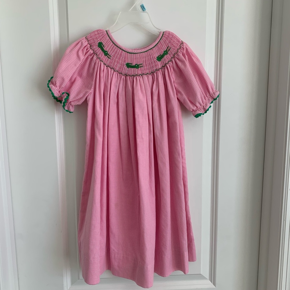 Smocked pink dress with alligator, size 4T